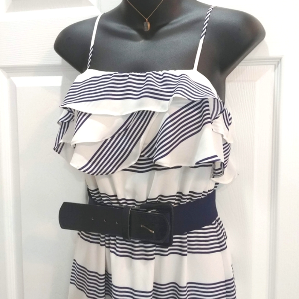 Cremieux ruffle top column maxi nautical blue stripes summer brunch size XS